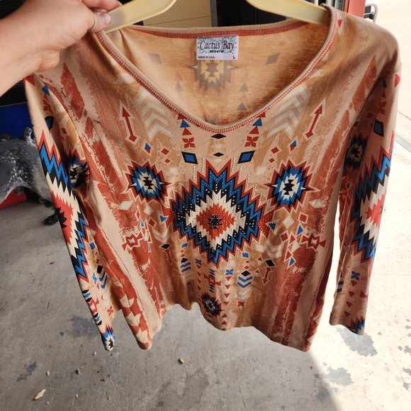 Cactus Bay Women's Aztec Print Blouse in Tan and Blue - Picture 1 of 1
